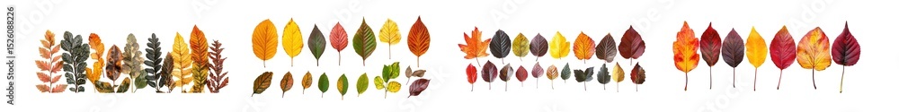 Poster set of colorful autumn leaves arranged in a row isolated on transparent background