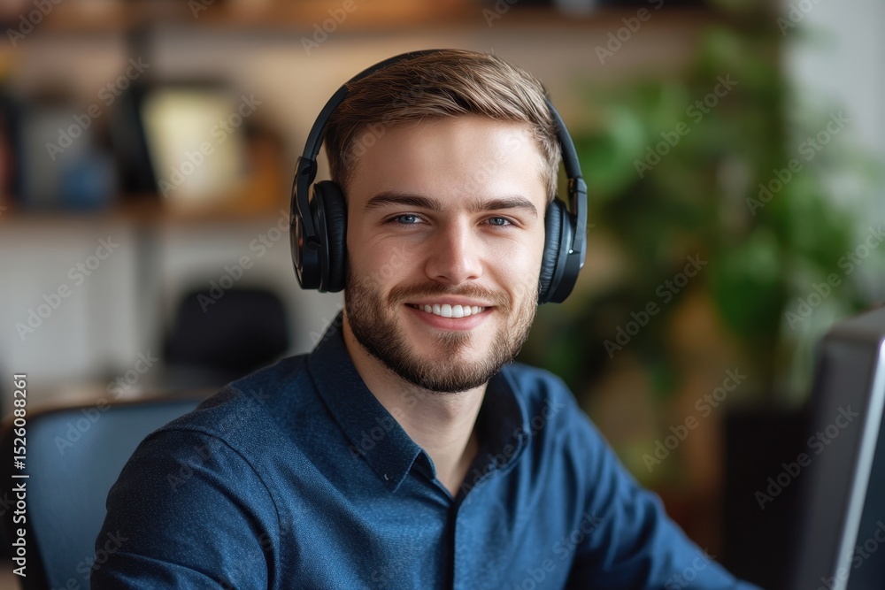 Poster consultant in a call center smiling while engaging with a client during an afternoon meeting in a mo