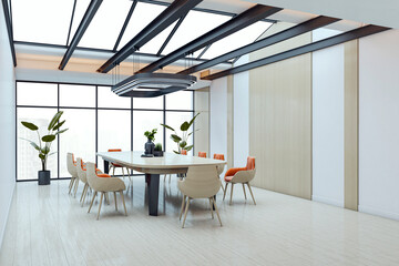 Modern luxury boardroom interior with large glass windows, wooden table, designer chairs, and ceiling lights in corporate office space. 3D Rendering