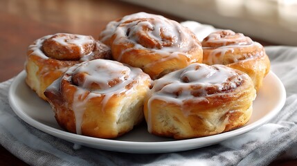 Freshly Baked Cinnamon Rolls with Glaze on a White Plate