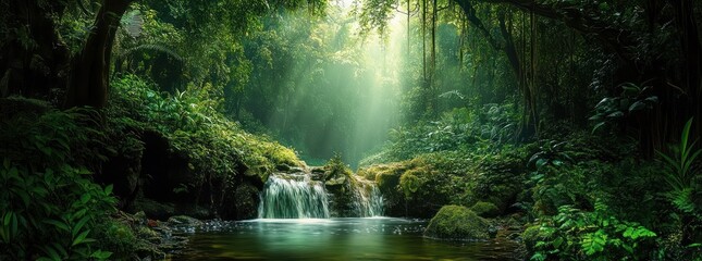 Serene lush green forest with sunlight filtering through trees illuminating a gentle waterfall cascading into a clear pool surrounded by vibrant foliage and mossy rocks