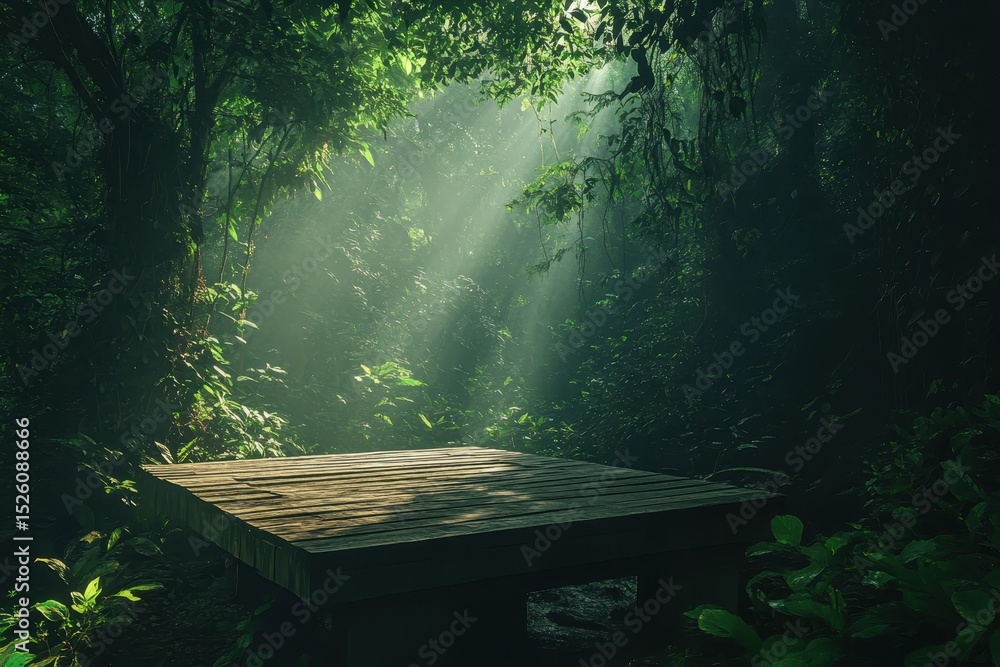 Poster tranquil forest with wooden platform surrounded by lush greenery and rays of sunlight filtering thro