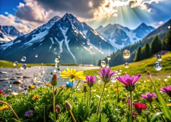 Fototapeta premium Dew-drenched Himalayan blooms paint a vibrant macro picture of Gulmarg's breathtaking landscape.