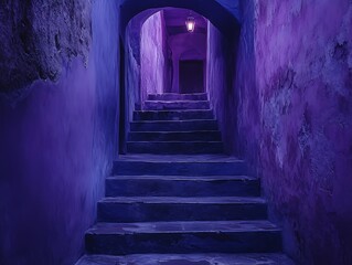 Mysterious staircase leading into a violet-illuminated tunnel, an intriguing ascent