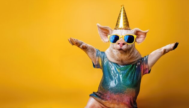 Jubilant Porcine Party Animal with Vibrant Accessories Amidst a Sunlit, HighDef Backdrop Perfect for Digital Art, Home Decor, or Design Inspiration.