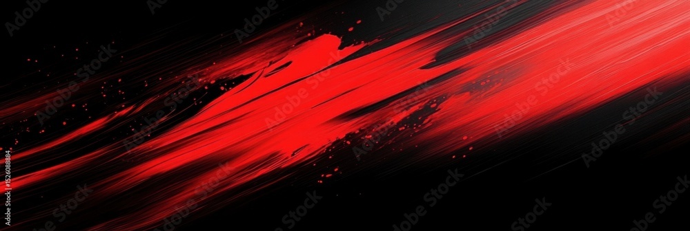 Poster dynamic red brush strokes with paint splatters on a black background creating a sense of energy and 