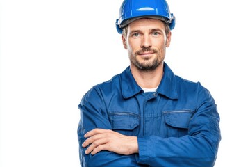 Fototapeta premium Construction worker wearing hardhat smiles confidently