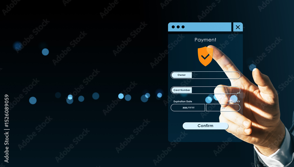 Aufkleber Person interacting with secure online payment interface on digital screen concept against dark background with glowing light effects.