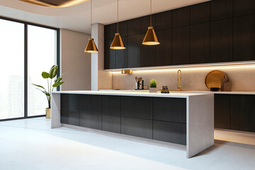Modern kitchen interior with black cabinets, golden lights, and white counter in cozy home setting with large windows and city background view. 3D Rendering