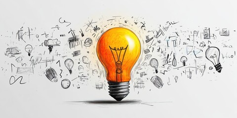 Bright orange glowing light bulb surrounded by sketchy doodles and drawings of other light bulbs and random shapes on a white background symbolizing ideas and creativity