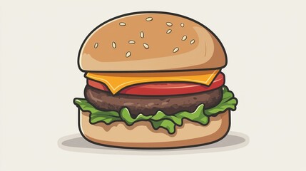 Cartoon illustration of a hamburger, against a plain background.  Possible stock photo use food illustration