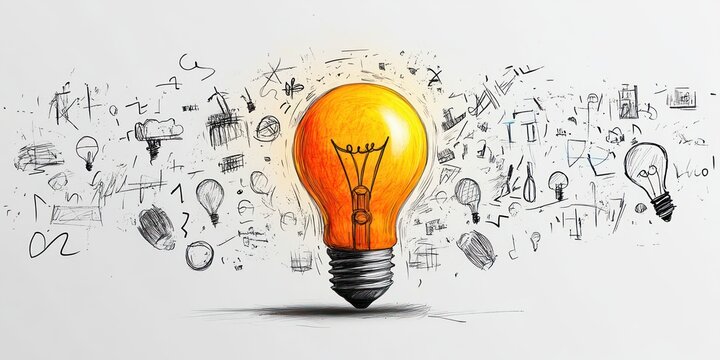 Bright orange glowing light bulb surrounded by sketchy doodles and drawings of other light bulbs and random shapes on a white background symbolizing ideas and creativity
