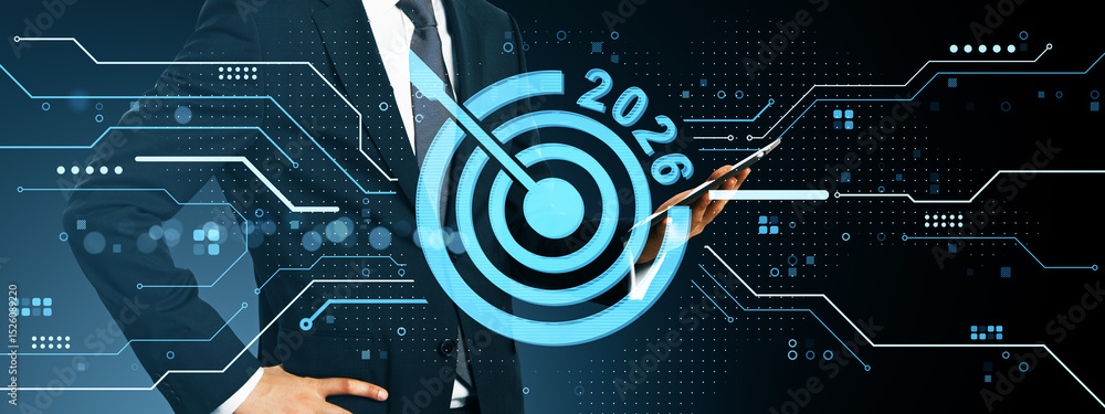 Poster Businessman holding smartphone with 2026 digital target overlay on virtual interface background symbolizing future technology and business goals.