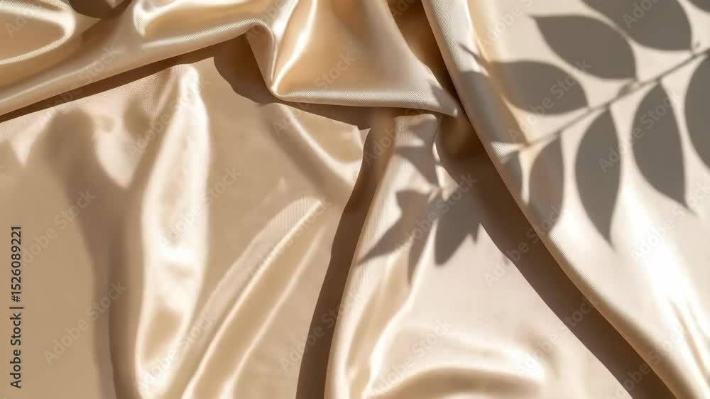 Poster elegant draped beige satin fabric with soft flowing folds and light shadows of leaves creating an or