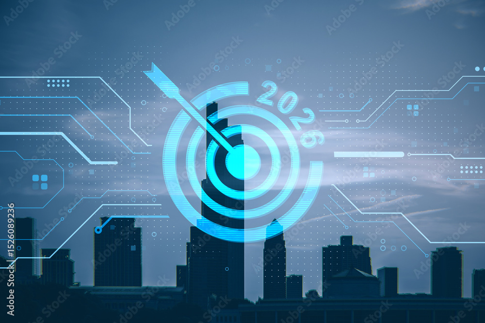 Poster business target 2026 digital interface over modern city skyline with neon blue circuit overlay and f