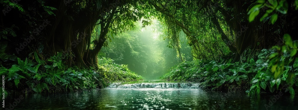 Poster serene forest scene with lush green vegetation surrounding a calm flowing stream under a natural can