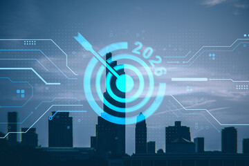 Business target 2026 digital interface over modern city skyline with neon blue circuit overlay and futuristic technology design concept..