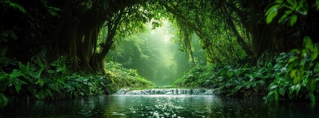 Obraz premium Serene forest scene with lush green vegetation surrounding a calm flowing stream under a natural canopy of trees and soft sunlight filtering through the leaves