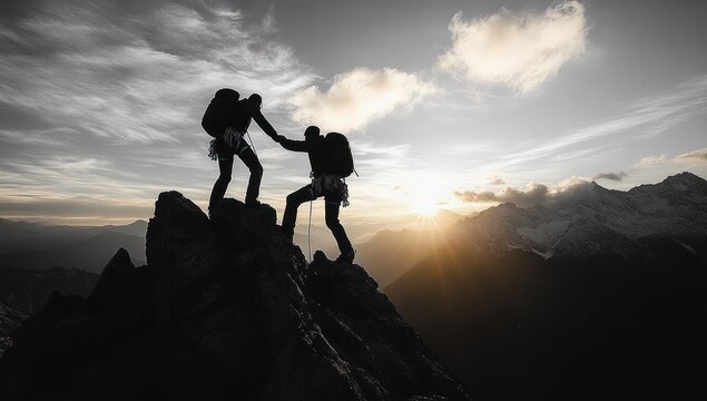 Two climbers reaching the summit of a mountain during sunrise, one helping the other climb up, symbolizing teamwork and achievement in a dramatic mountainous landscape
