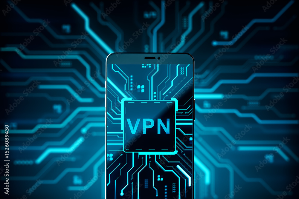 Poster Smartphone with VPN interface and glowing digital circuit overlay on dark blue background representing secure mobile network technology concept. 3D Rendering
