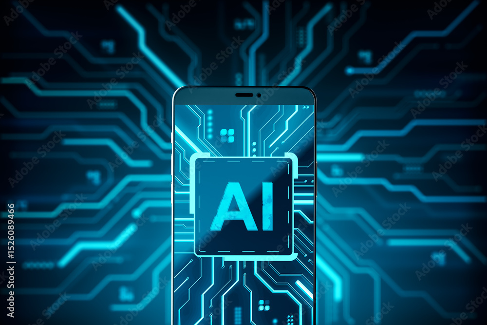 Poster Smartphone with AI chip interface glowing on futuristic neon circuit board background representing artificial intelligence and mobile technology. 3D Rendering