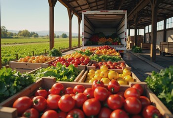 Refrigerated trucks loading fresh produce at a farm warehouse