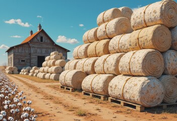 Palletized bales of cotton stacked in a gin yard under a clear blue sky