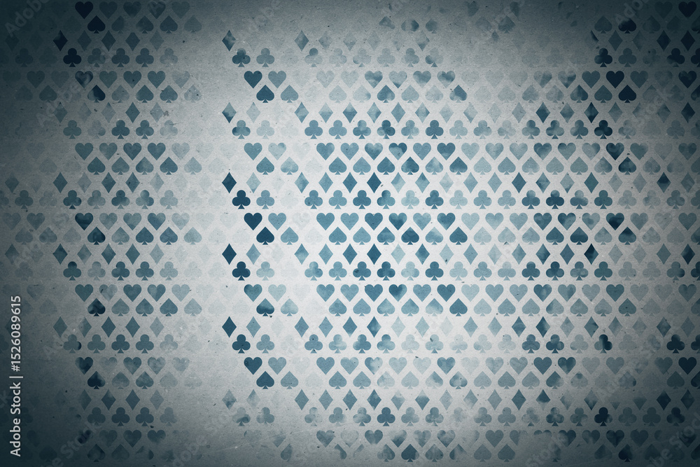 Poster Abstract blue background with playing card suits pattern in gradient light effect on textured surface. 3D Rendering