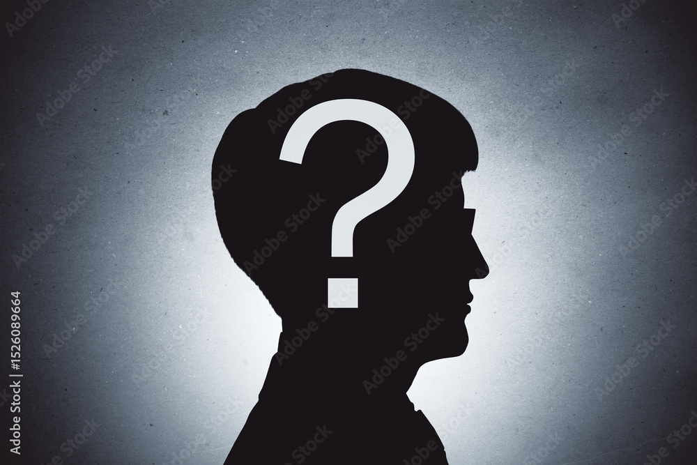 Poster Silhouette of a person with a question mark on head symbolizing curiosity and unanswered questions on abstract light background conceptually.