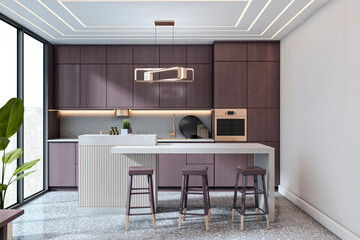 Modern stylish kitchen interior with sleek cabinet design, elegant ceiling lighting, and minimalist counter in apartment space.. 3D Rendering