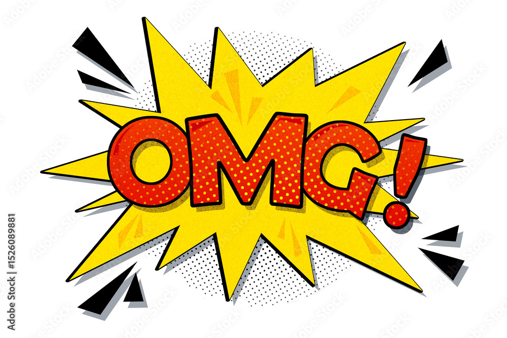 Poster Comic-style OMG explosion with bold text and halftone effects on white background in pop art style concept of surprise and excitement burst. 3D Rendering