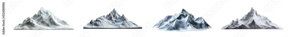 Poster set of grayscale mountain range illustrations. isolated on transparent background