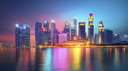 Fototapeta premium vibrant skyline of modern city at night, showcasing illuminated buildings reflecting on water