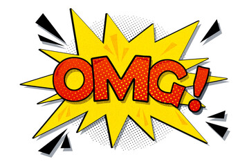 Comic-style OMG explosion with bold text and halftone effects on white background in pop art style concept of surprise and excitement burst. 3D Rendering