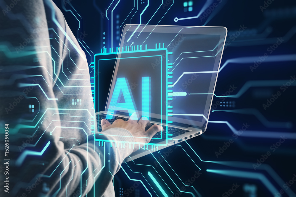 Aufkleber Person using laptop with AI interface and neural circuit overlay on digital tech background representing artificial intelligence technology concept.