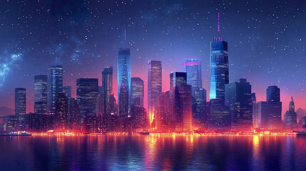 Fototapeta premium vibrant night skyline of modern city with illuminated buildings reflecting on water