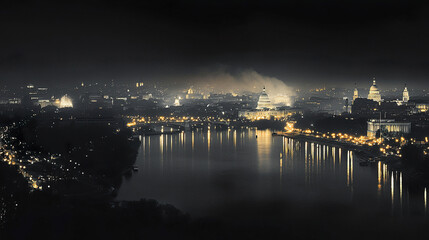 Fototapeta premium stunning panoramic view of Washington D.C. night, showcasing illuminated skyline and reflections