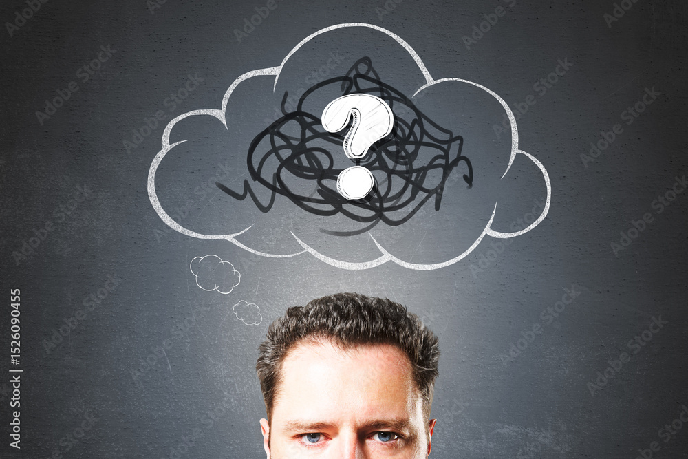 Poster Confused businessman with scribble cloud and question mark symbol above head on dark background representing curiosity and problem-solving concept.