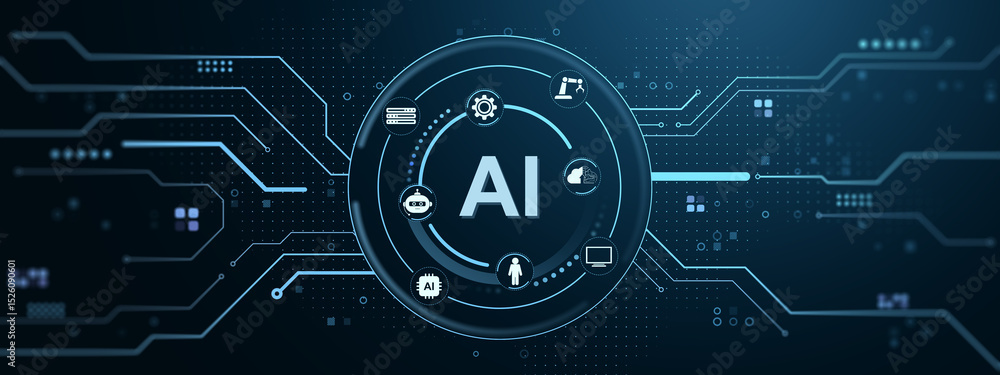 Poster Futuristic AI interface design with technology icons and neural network connections on glowing digital background in blue tones. 3D Rendering