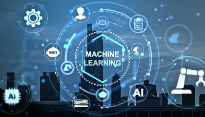 Machine learning and AI technology icons glowing over cityscape in futuristic digital interface concept on dark blue background at night.