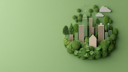 AI generator images of Paper cut out city with green buildings surrounded by trees and plants green eco city on nature Green city and earth day concept Care for the environment and ecology World 