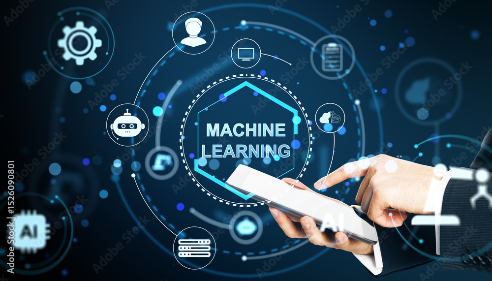 Poster Machine learning concept with businessman using tablet surrounded by digital icons and futuristic interface on blue background in modern design template.