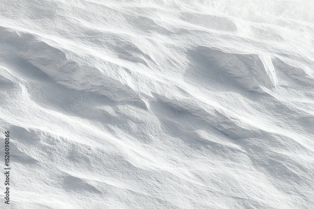 Poster close-up view of snow-covered rocky surface with textured, wind-sculpted layers creating shadowed ri