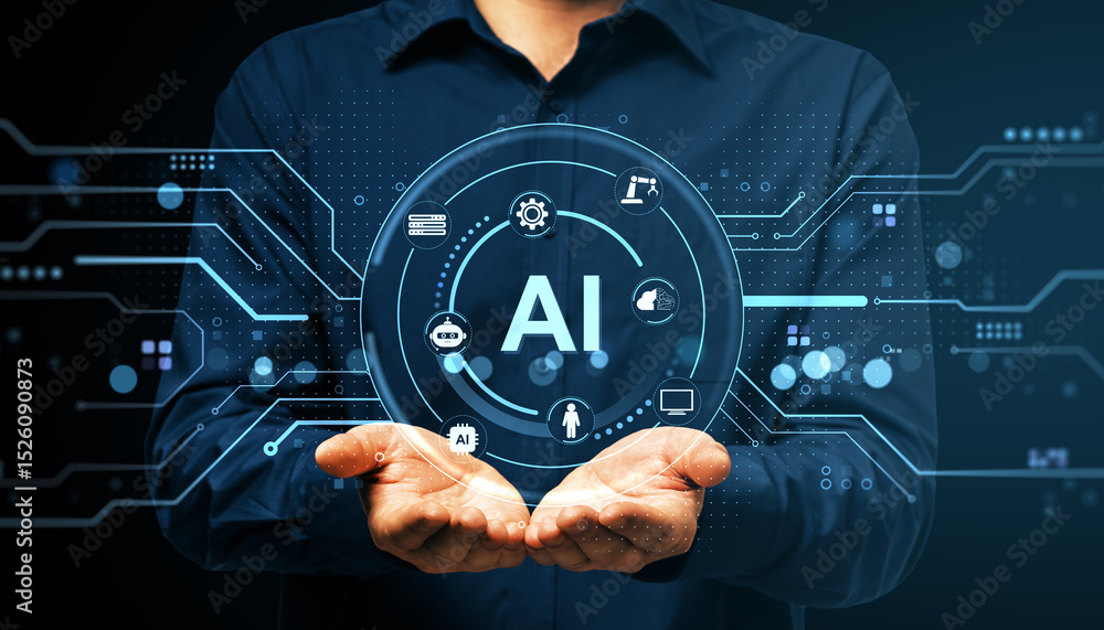 Poster Businessman holding digital AI interface with futuristic icons representing artificial intelligence, machine learning, and neural network concept.