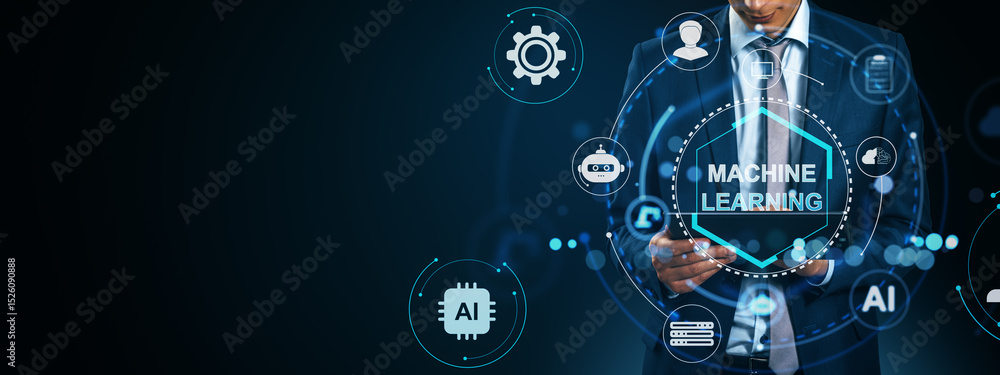 Aufkleber Businessman using digital tablet with futuristic machine learning interface icons and AI symbols on dark background with copy space.