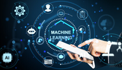 Machine learning concept with businessman using tablet surrounded by digital icons and futuristic interface on blue background in modern design template.