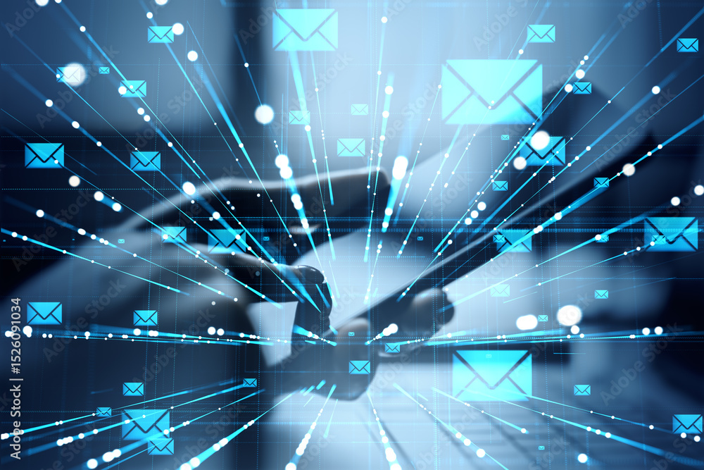 Poster digital email communication concept with glowing envelope icons emerging from tablet in hands on fut