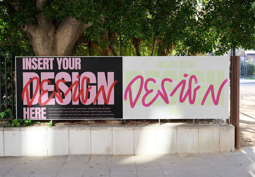 Two horizontal ad panels stand in an urban park for display. PSD mockup template