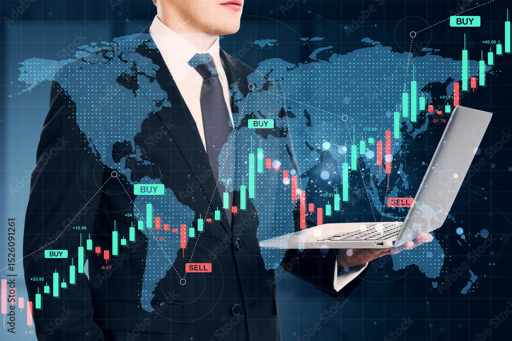 Poster businessman analyzing global forex market with financial charts and buy-sell signals over digital wo