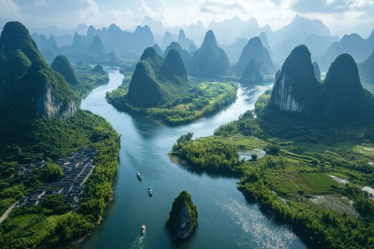 Stunning aerial view of breathtaking Guilin landscape featuring karst peaks, winding river, and lush greenery under a clear sky in China - Powered by Adobe
